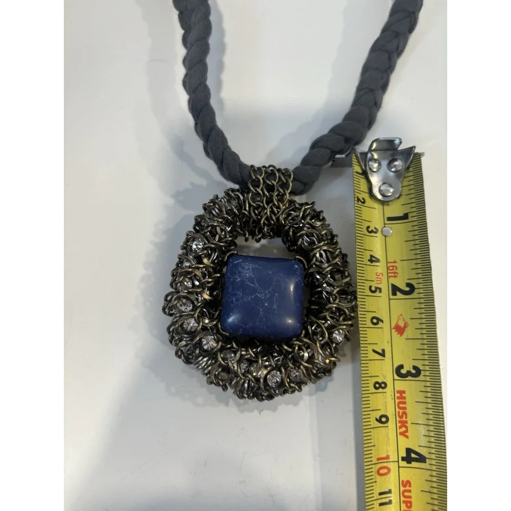 Artisan Statement Necklace Blue Glass Cabochon Rhinestone Pendant Boho